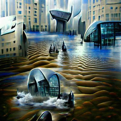 Flooded Future Cityscape in Polished Surrealism