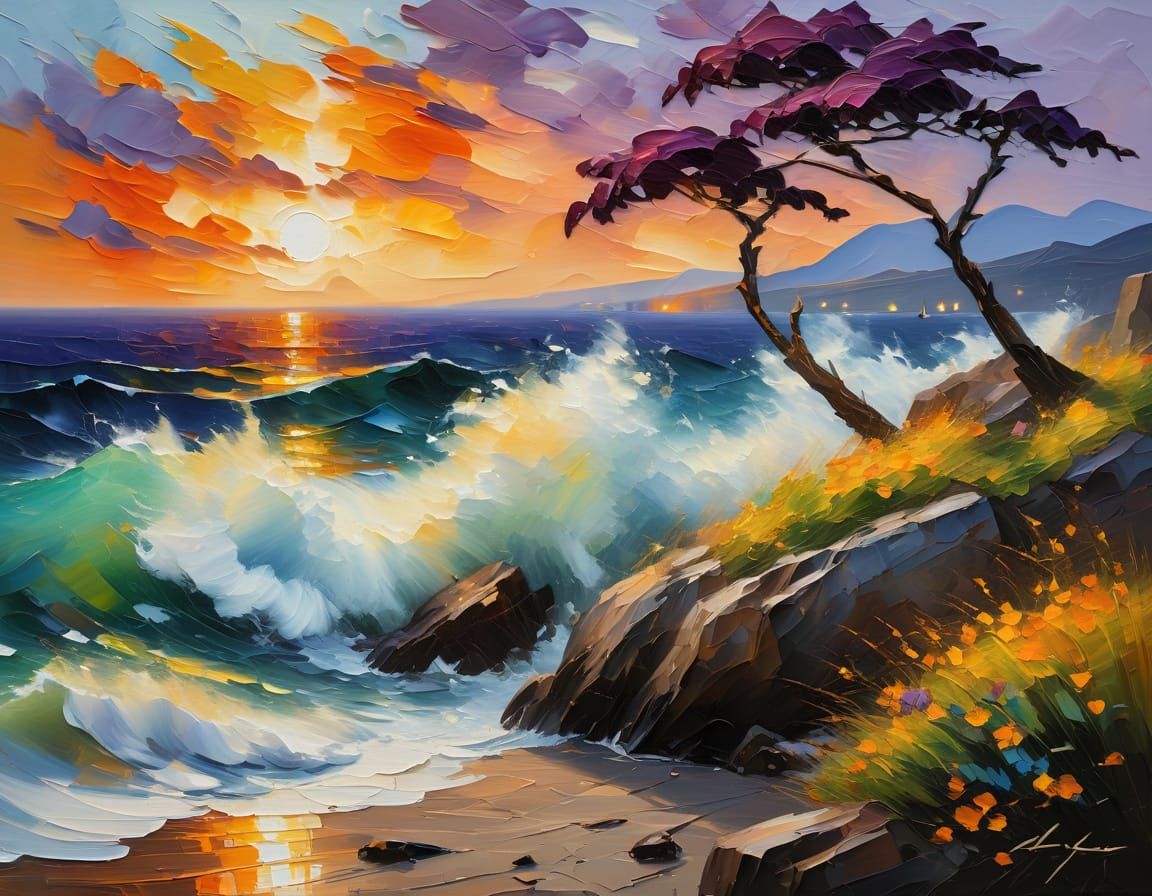 Dramatic Seascape with Storm and Sunset in Impasto Style