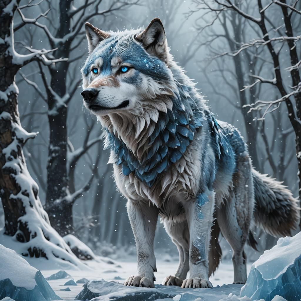 Icy Blue Wolf in Frozen Landscape