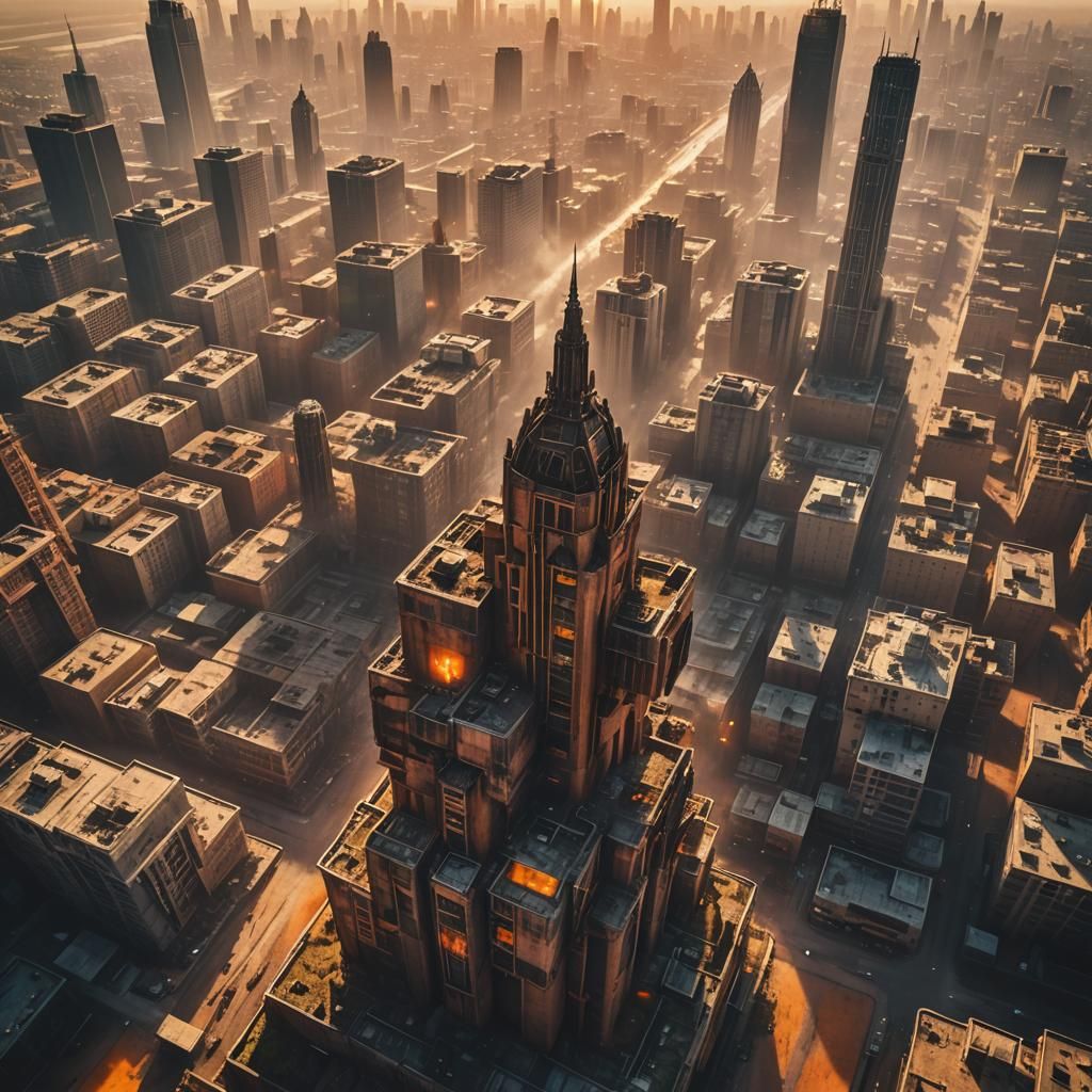 Post-Apocalyptic Cityscape at Sunset in Cinematic Style