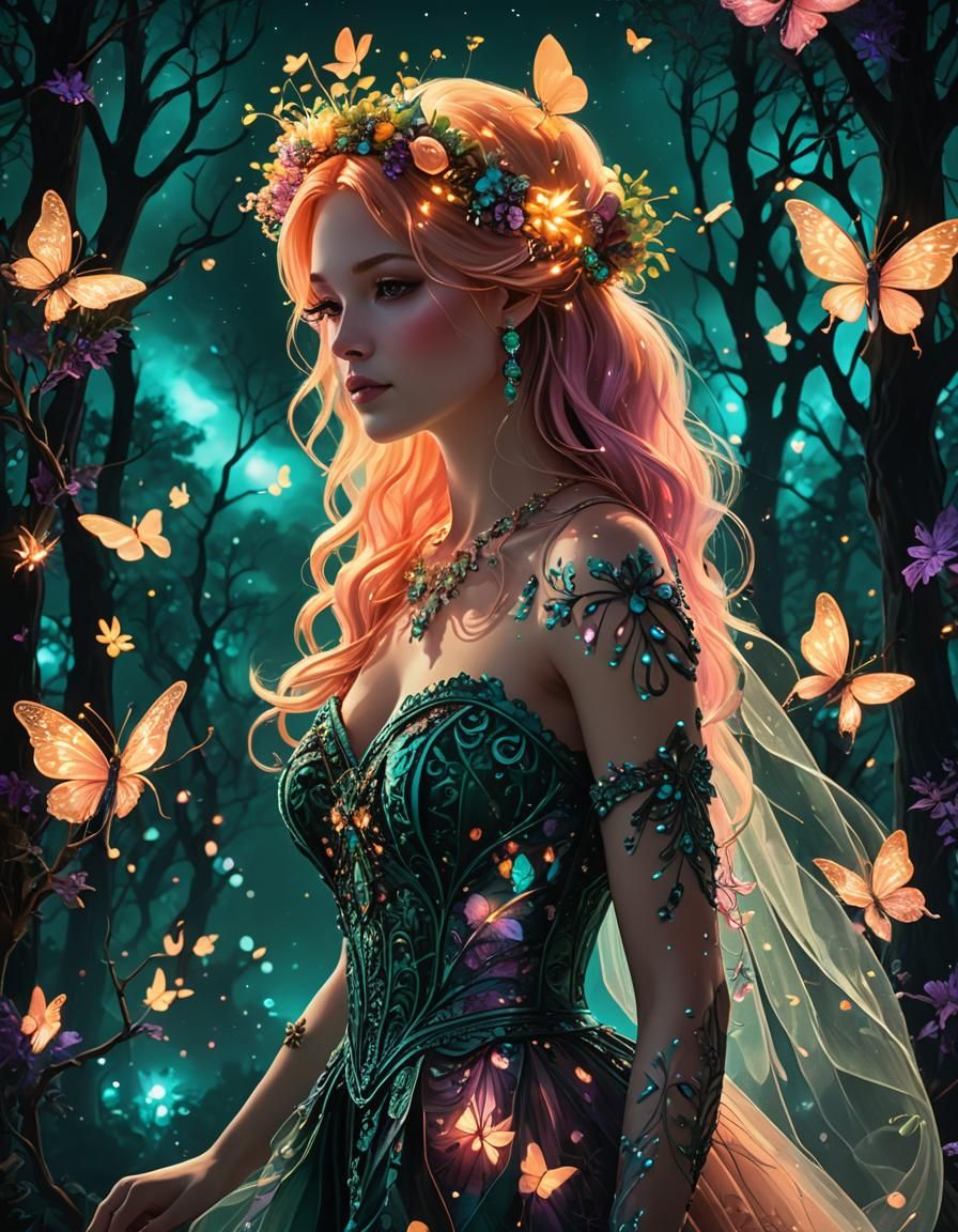 Luminescent Bride in Moonlit Forest, Surreal Digital Art