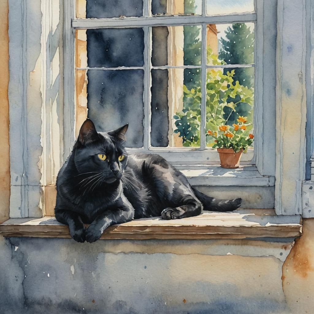 Black Cat in Watercolor Sitting by Window