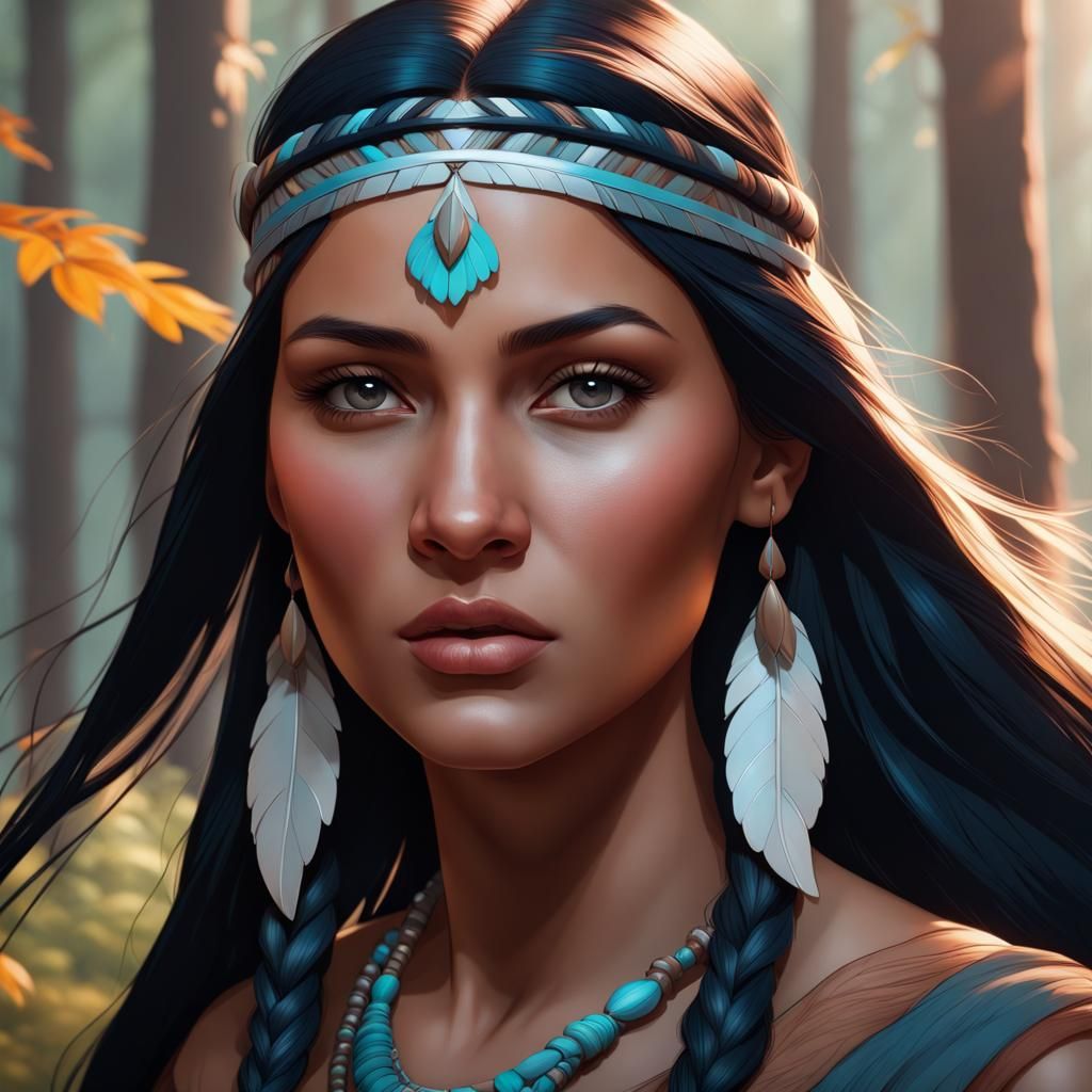 Pocahontas Portrait in Hyperdetailed Art Nouveau Style
