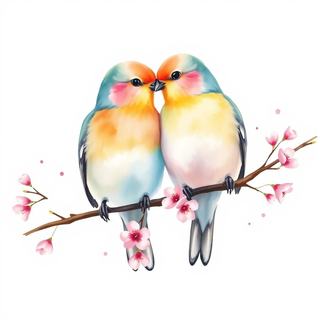 Pastel Love Birds Form Heart Shape on Cherry Branch