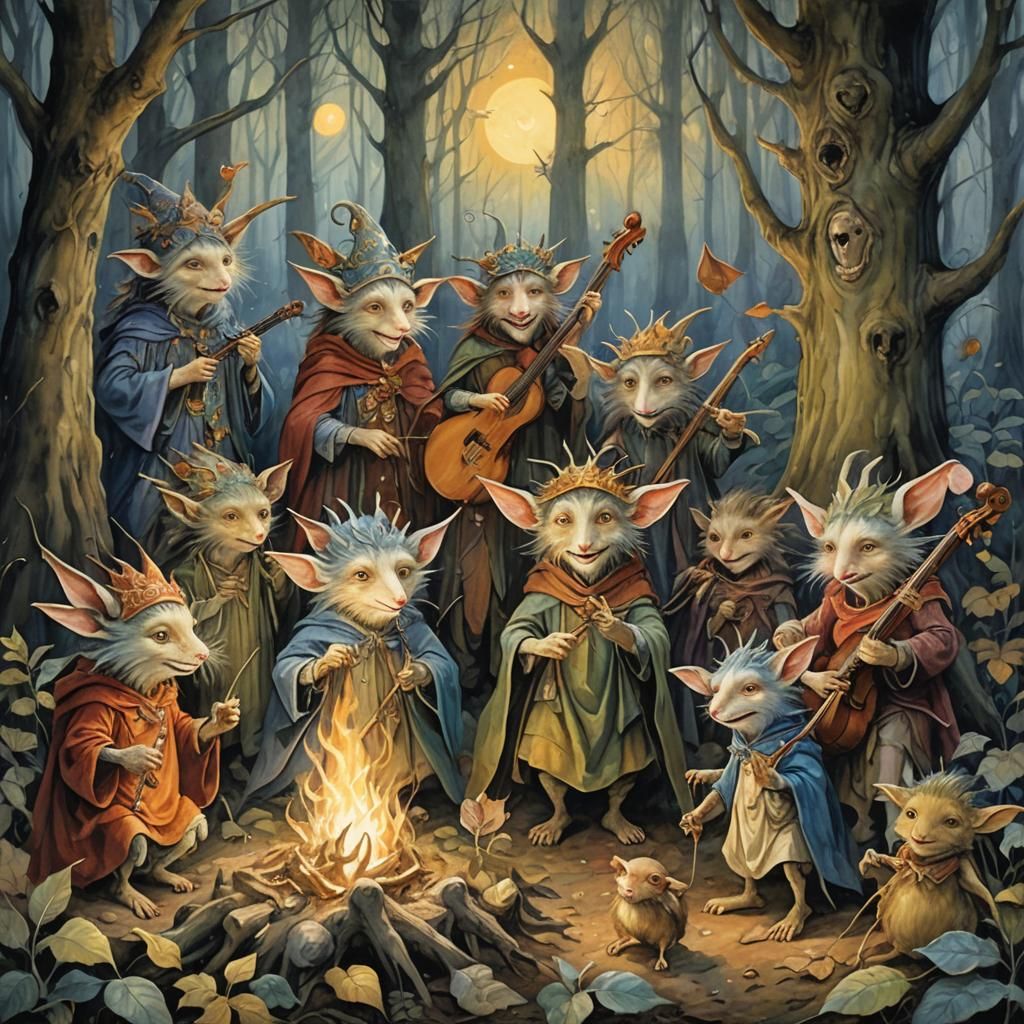 Podlings Celebration: Gouache Illustration of a Fantasy Gath...