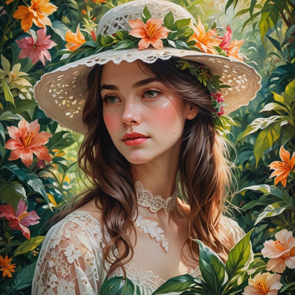 Lush Garden Portrait in Impressionist Oil Paint