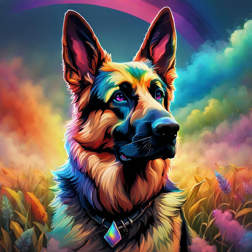 German Shepherd Portrait with Rainbow Smoke, Digital Art