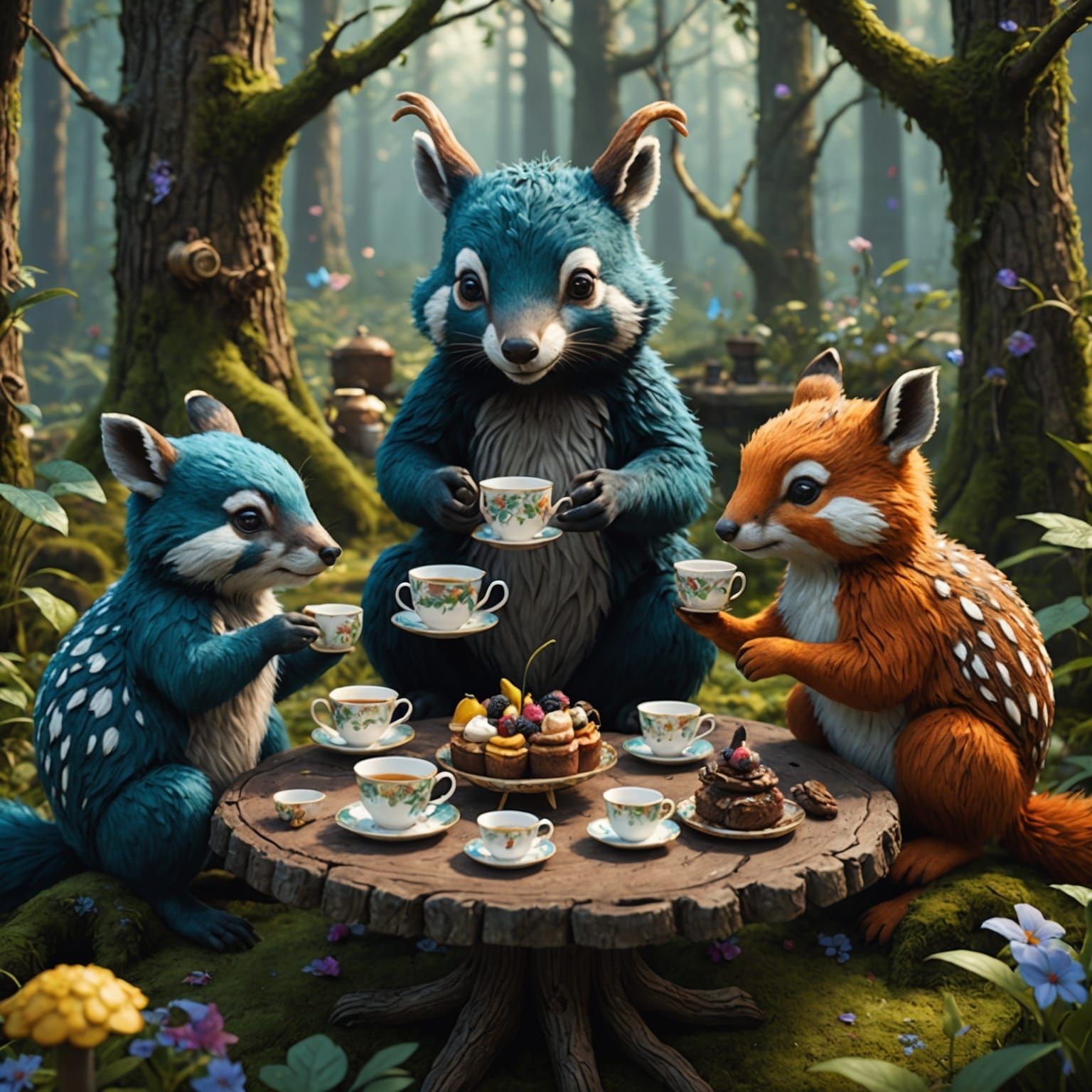 Enchanting Forest Tea Party: A Fantastical Painting