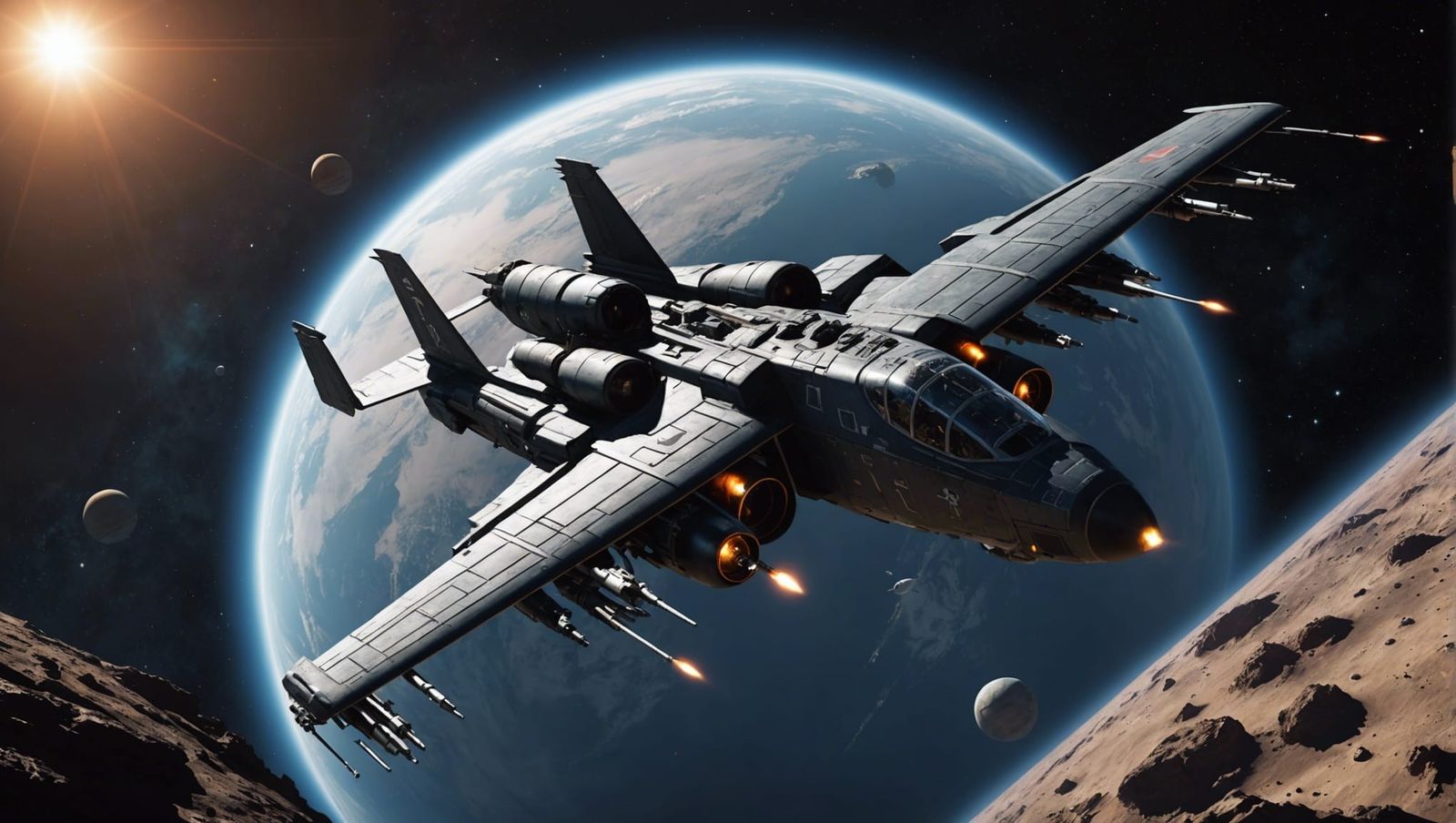Futuristic Gunship Orbiting a Distant Planet