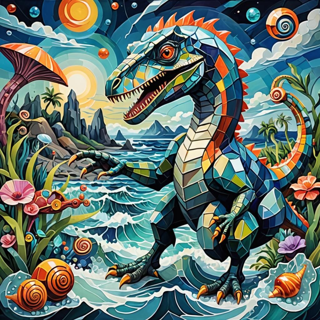 Cubist Velociraptor Dreamscape in Psychedelic Ocean