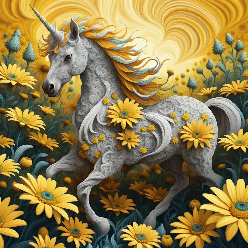 Unicorn in a Field of Daisies: Zentangle Art