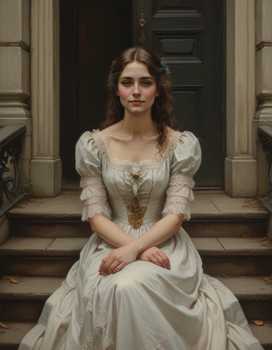 Victorian Woman on Mansion Steps as Oil Painting