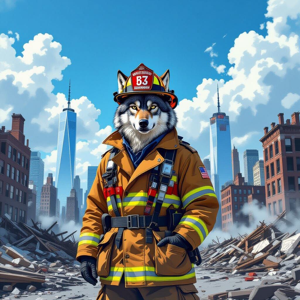 Heroic Wolf Firefighter at Ground Zero Under Blue Sky