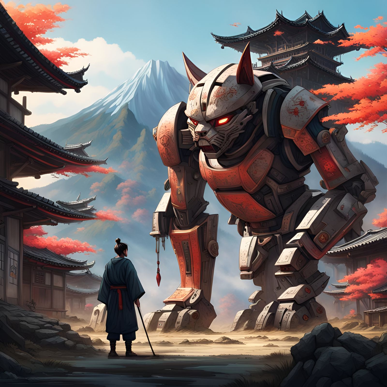 Samurai Confronts Giant Robot Cat in Feudal Japan