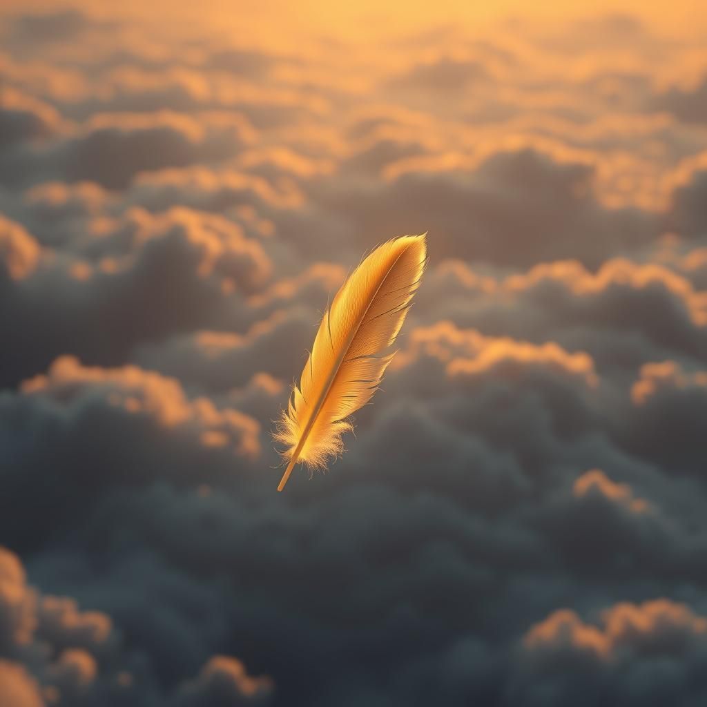 Feather Floating Above Clouds in Golden Light