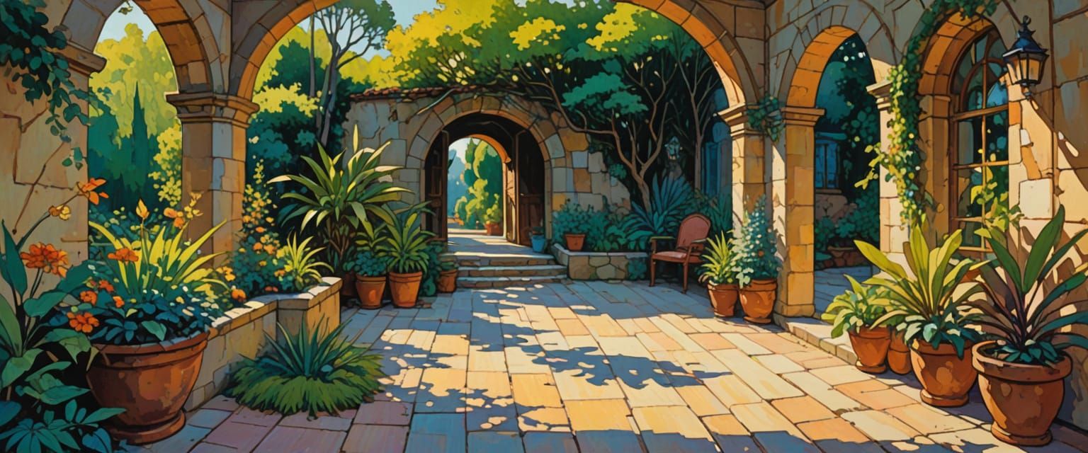 Mysterious Travertine Passageway with Arches and Sunlight