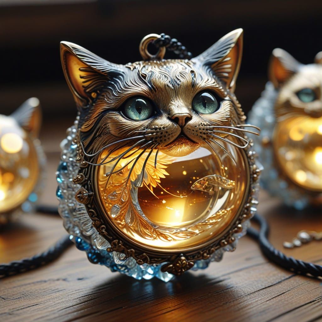 Whimsical Glass and Metal Cat Pendants in Warm, Golden Light