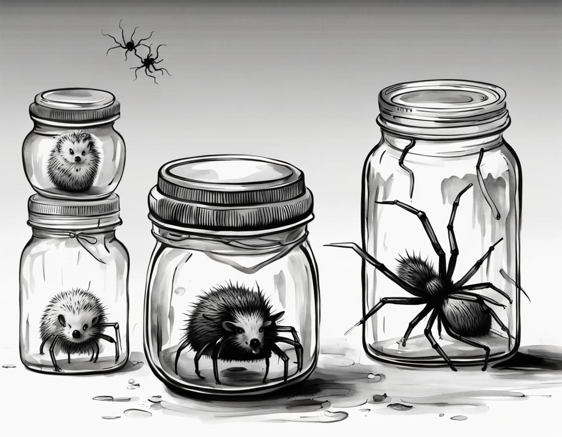 Spiders Capture Hedgehog: Gothic Ink Painting