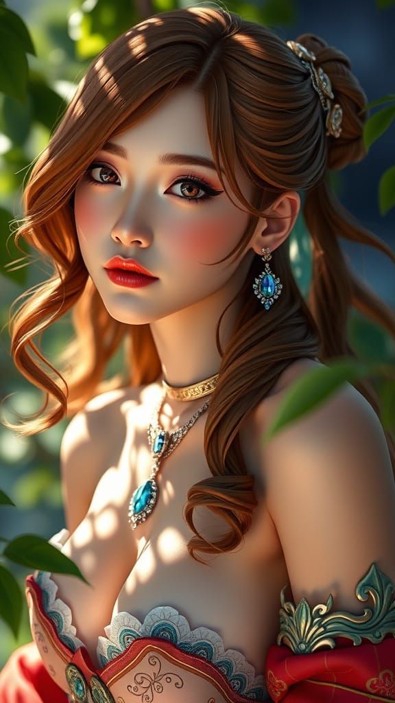 Radiant Woman in Sunlight with Ornate Jewelry