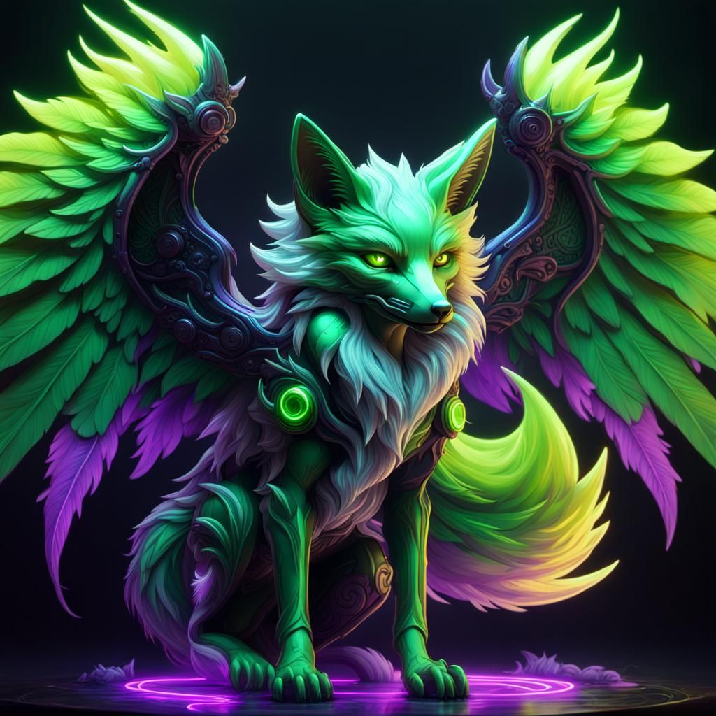 Winged Green Fox in Dark Fantasy Style
