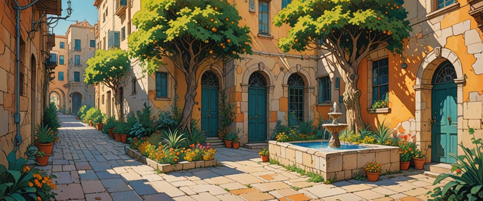 Vibrant Alleyway with Fountain in Comic Book Style