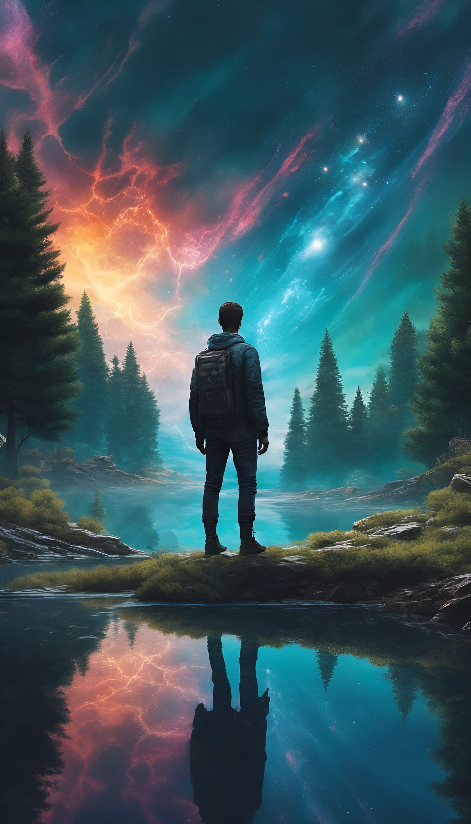 Hyperrealistic Pond Scene with Cosmic Portal