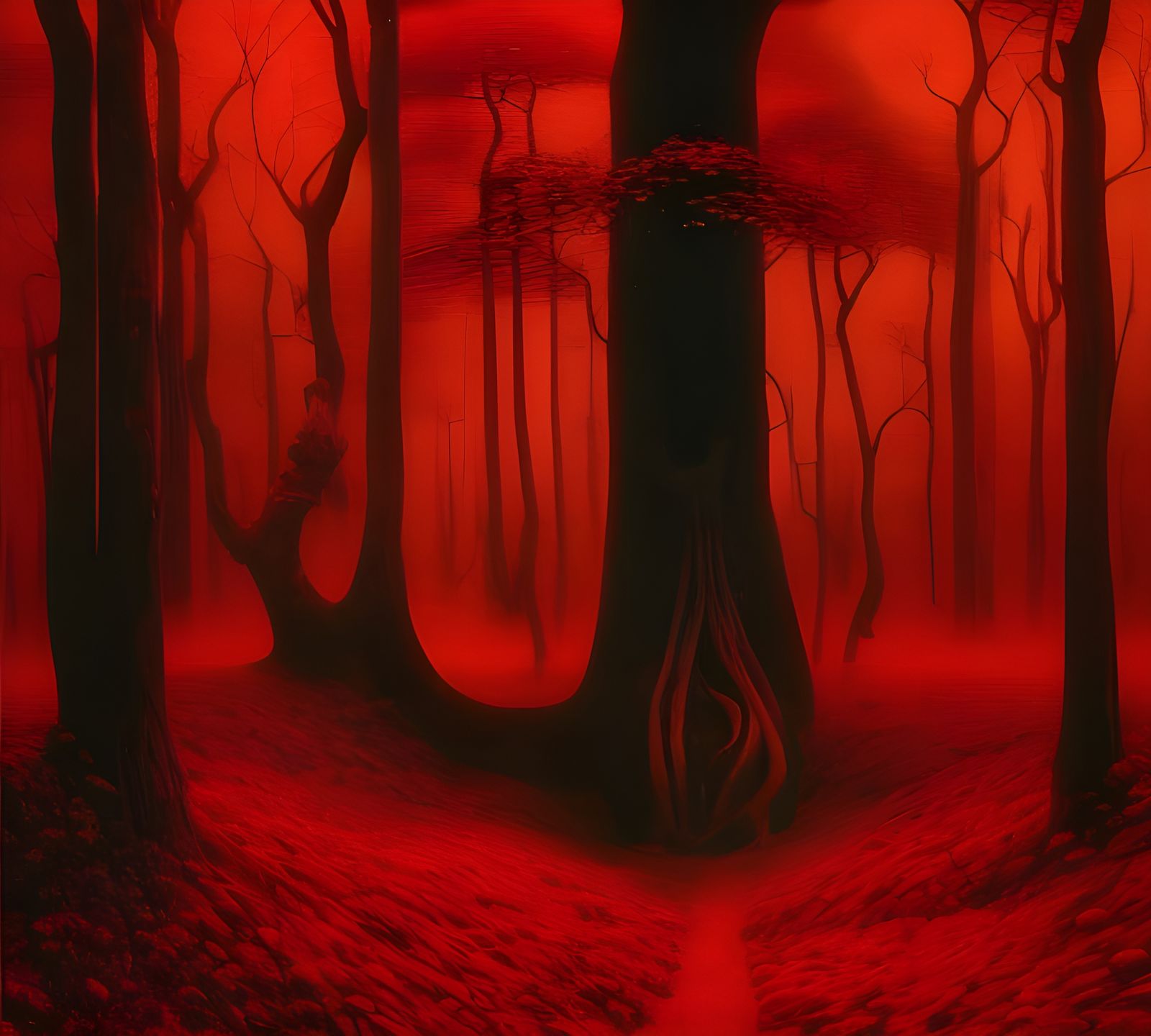 Sinister Red Forest: Hyperrealistic Oil Painting
