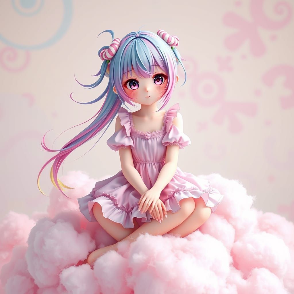 Whimsical Anime Girl on Fluffy Cloud