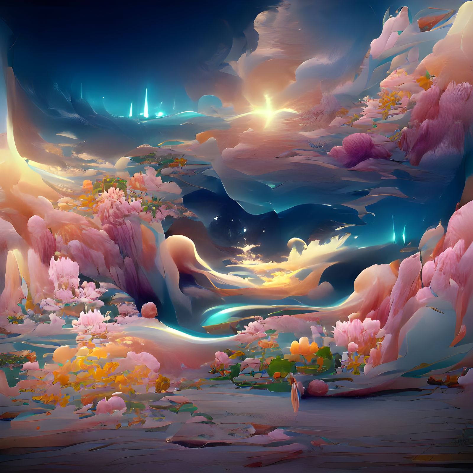 Beautiful sunrise over a fantasy rose garden with cherry blossoms and cobblestone paths, and a cosmic milky way sky with...