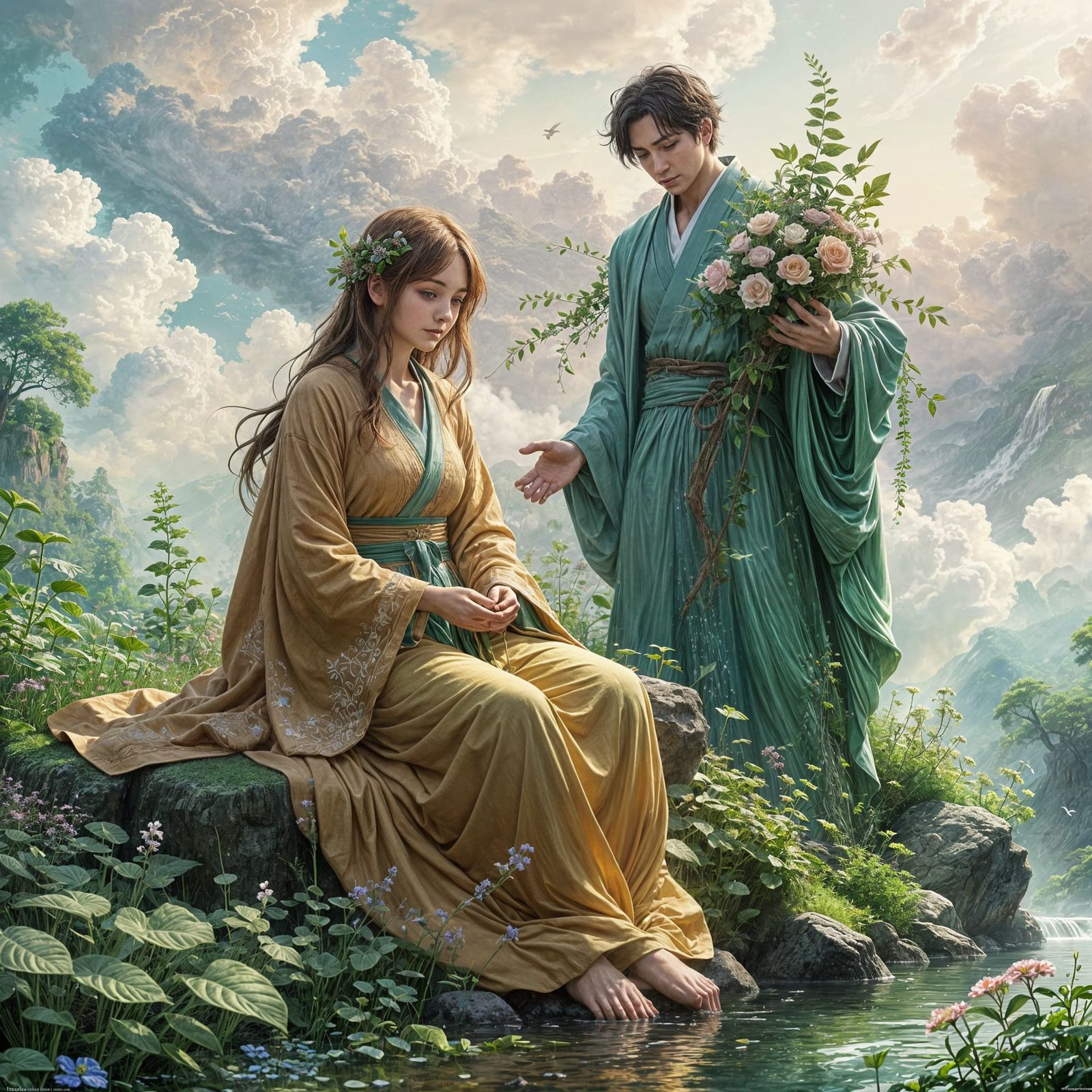 Mother Earth Goddess Surrounded by Luminous Children in Whim...