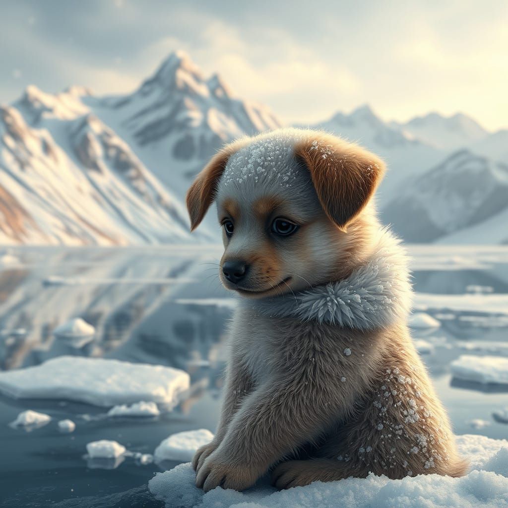 Cute Puppy Surveys Snowy Mountain Reflections in Frozen Lake