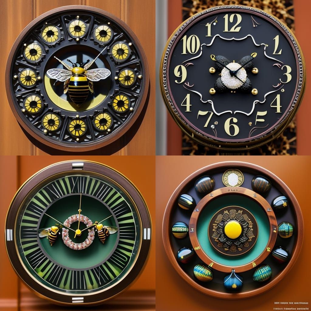 Queen Bees Around Flower Clock in Art Nouveau Style