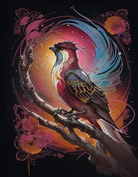 Bird in Spiraling Blossoms Watercolor Illustration