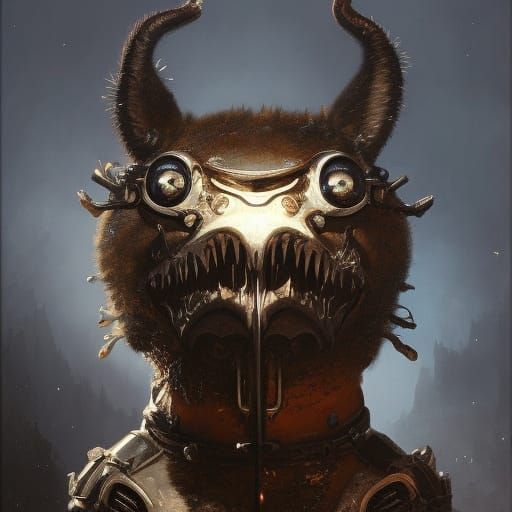 Cybernetic Quokka with Iron Tusks, Dark Fantasy Art