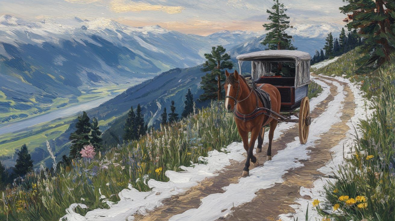 Horse and Carriage on Snowy Mountain Path with River