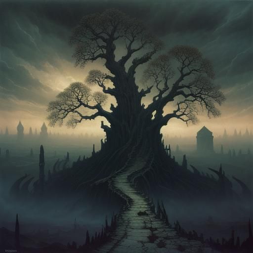 Eerie Surreal Landscape with Ancient Ruined City