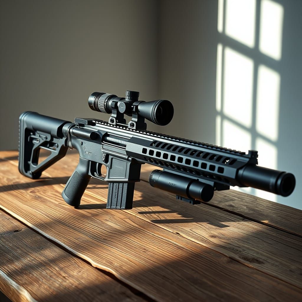 Modern Tactical Rifle on Wooden Table, Photographic Style