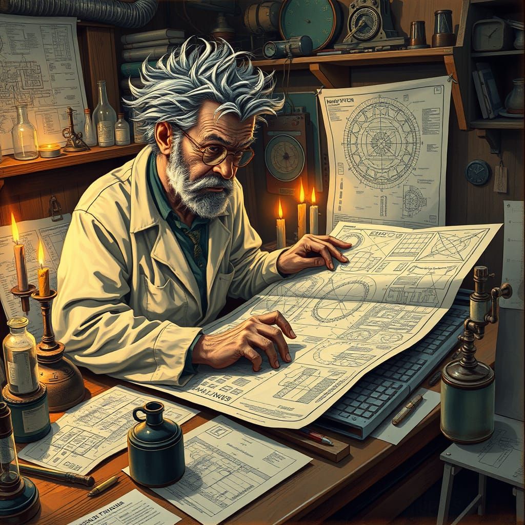 Intense Scientist Studies Futuristic Blueprints in Industria...