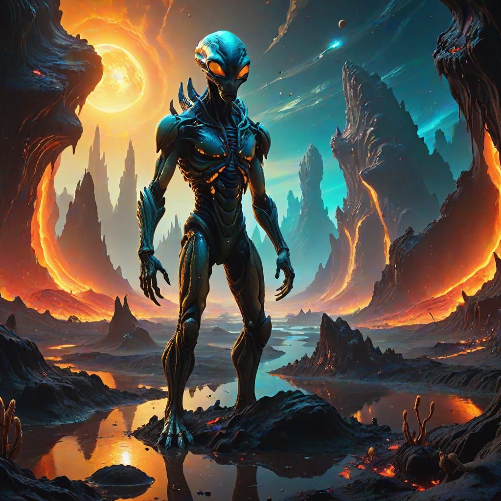 Alien on Bioluminescent Planet: Surreal Oil Painting