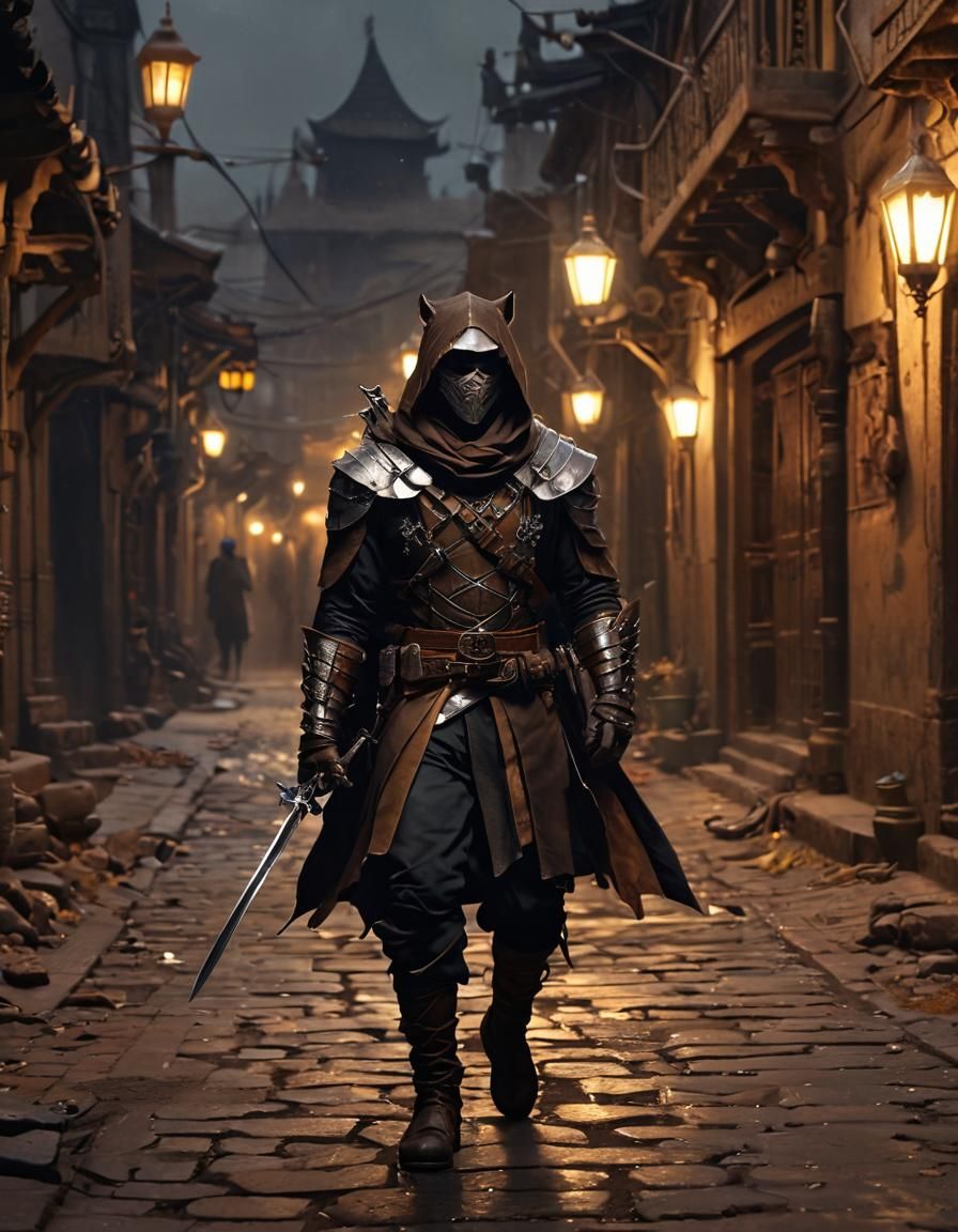 Dark Fantasy Rogue in Khajiit-Inspired Armor, Holding Small ...