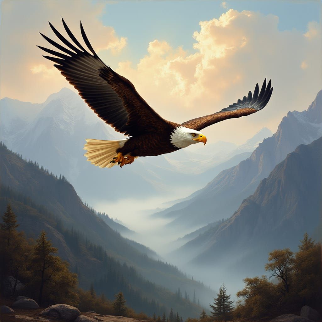 Bald Eagle Soaring Above Misty Mountains
