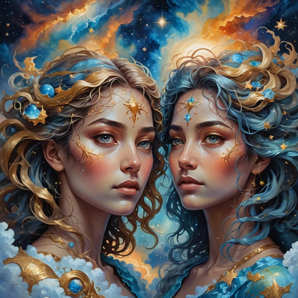 Surreal Gemini Women in Celestial Dreamscape