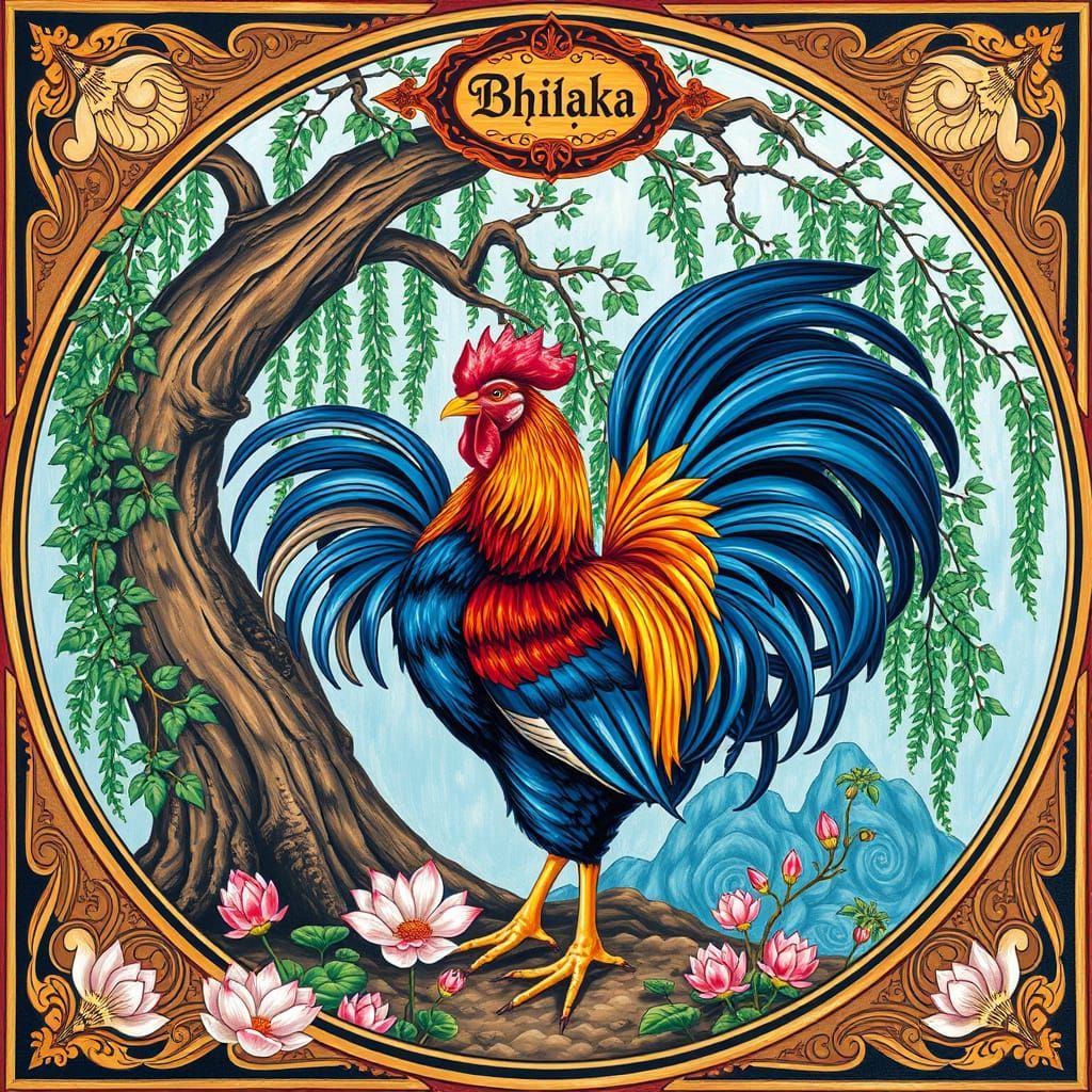 Majestic Chicken Under Willow Tree in Art Nouveau Style