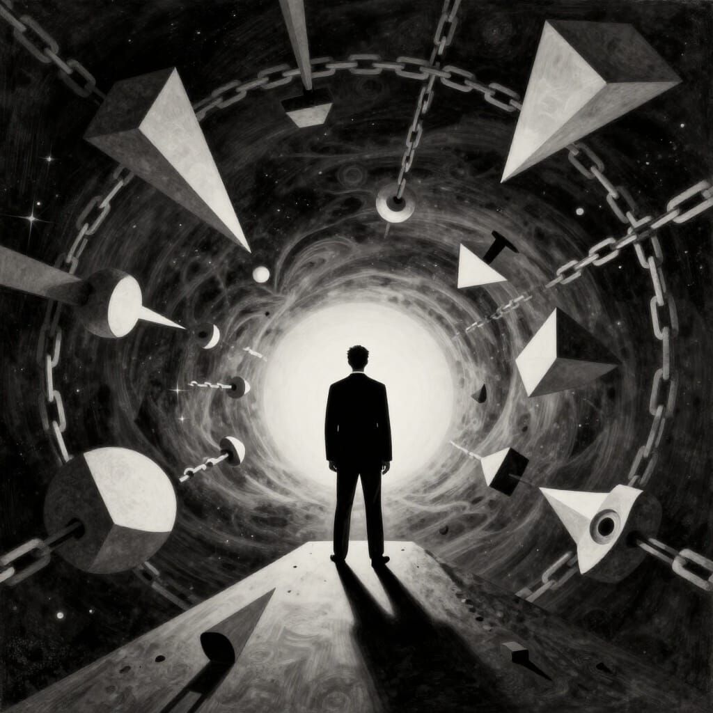 Businessman Overlooking Cosmic Void in Stark Style