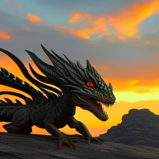 Hyperrealistic Stone Basilisk at Sunset