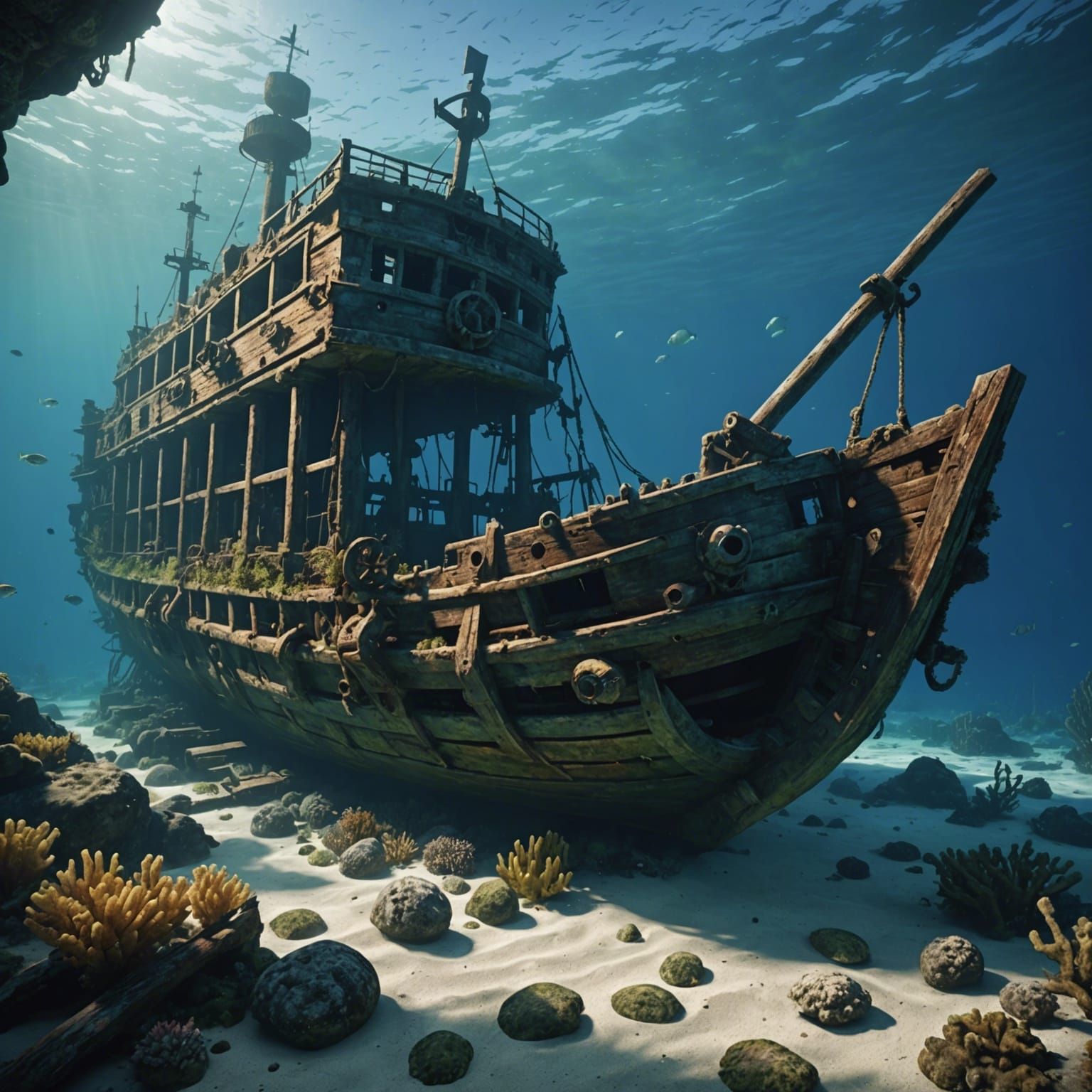 Sunken Shipwreck on Ocean Floor in Detailed 3D