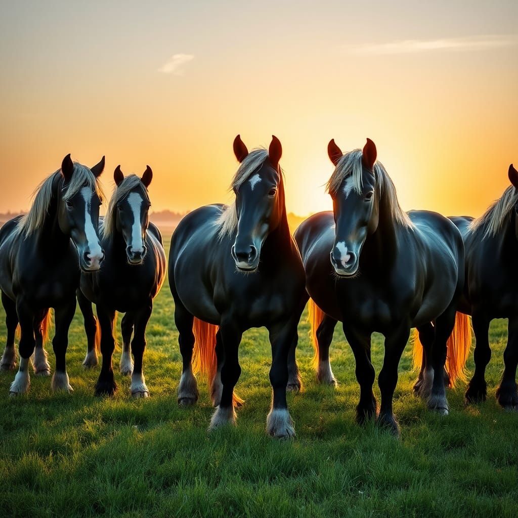 Majestic Clydesdales in Golden Meadow, Equine Art Style