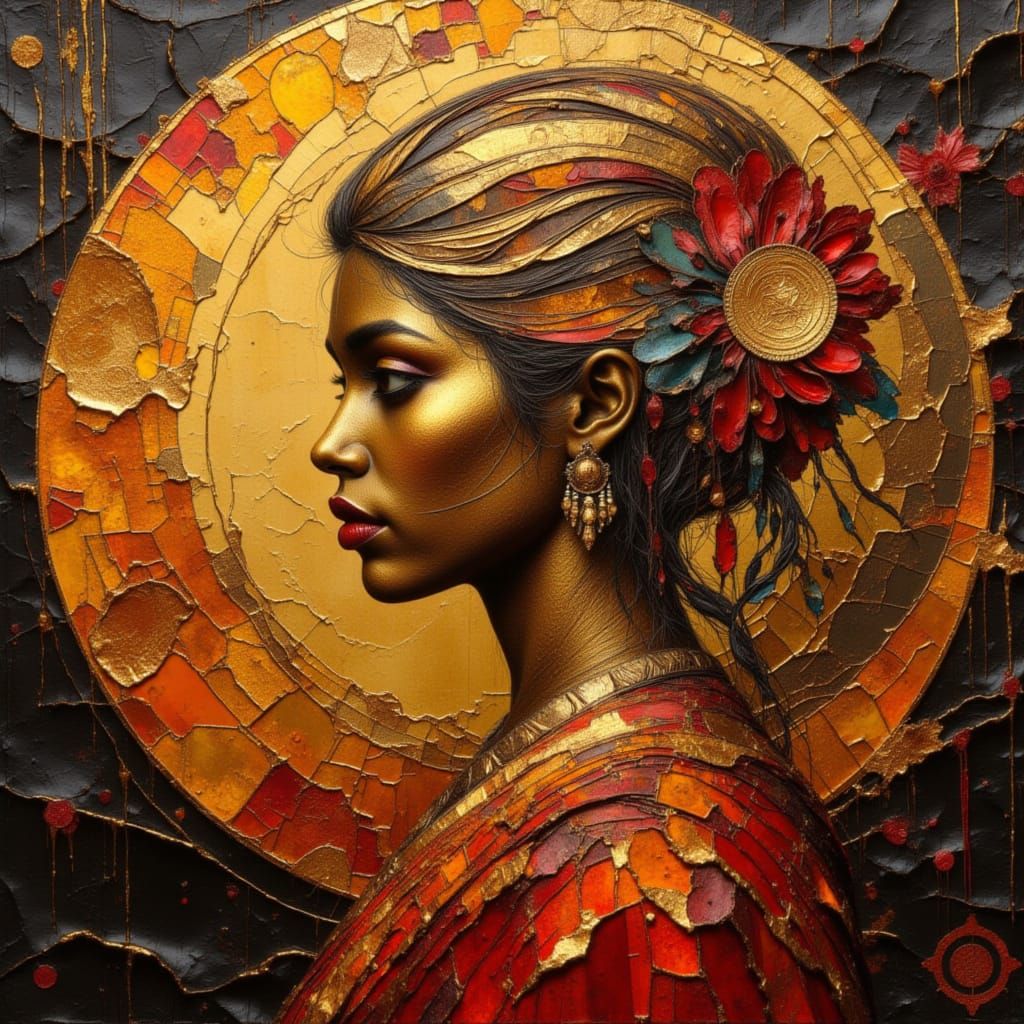 Solar-Lunar Goddess in Geometric Collage with Klimt Gold Lea...