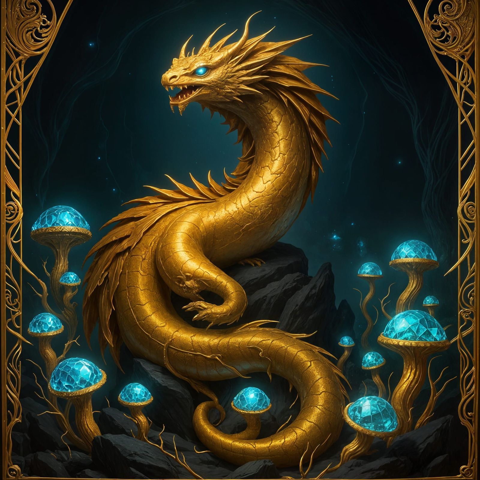 Golden Dragon Guarding Gemstone Hoard in Cavern
