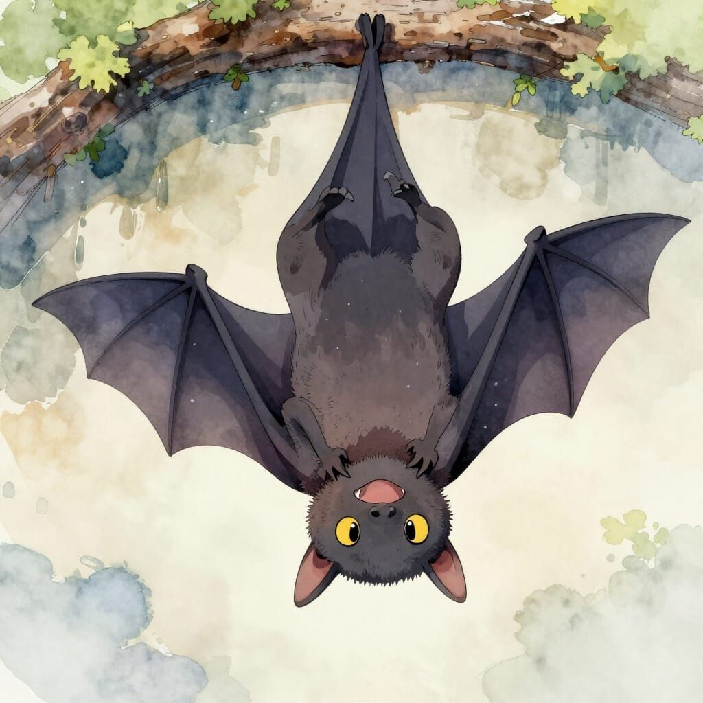 Cute Bat Smiling Upside Down in Watercolor Style